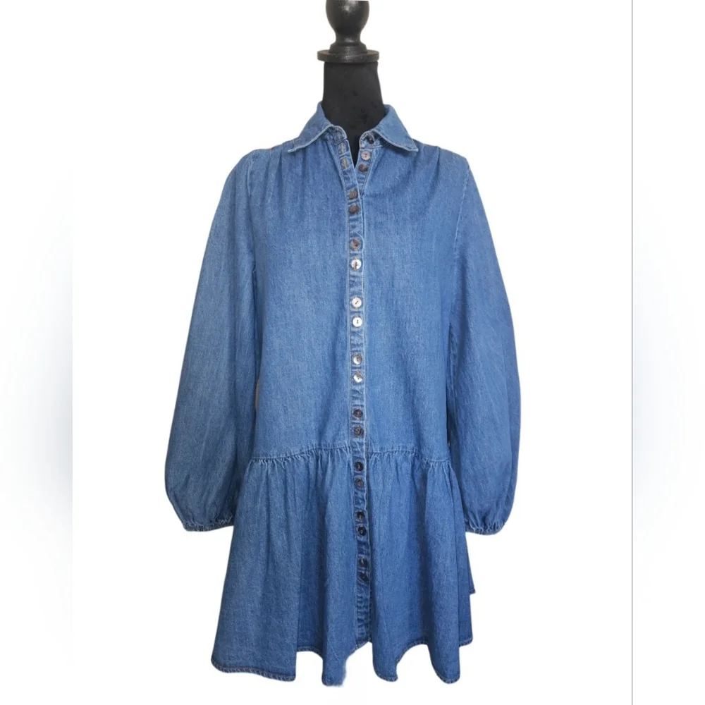 Maven Women's Blue Denim Puff Sleeve Button-down Babydoll Dress Size M